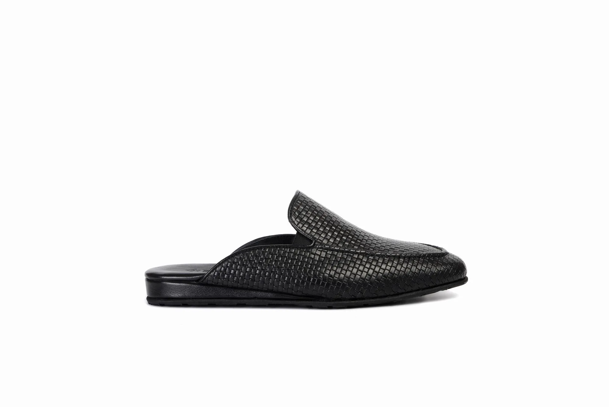 FOOT FEDERATION KNIT PATTERN MOC-TOE MEN'S LEATHER SLIPPER BLACK