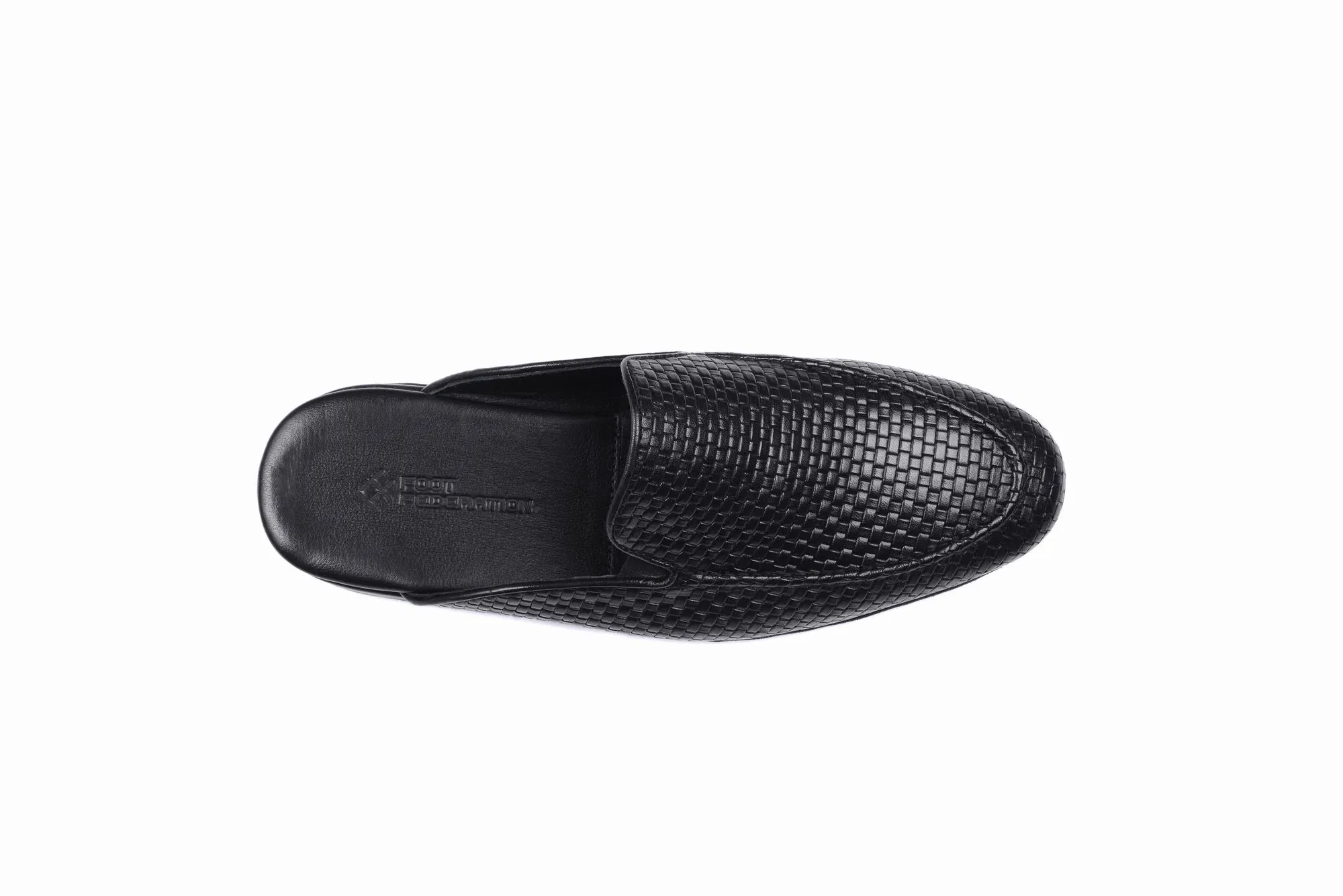 FOOT FEDERATION KNIT PATTERN MOC-TOE MEN'S LEATHER SLIPPER BLACK