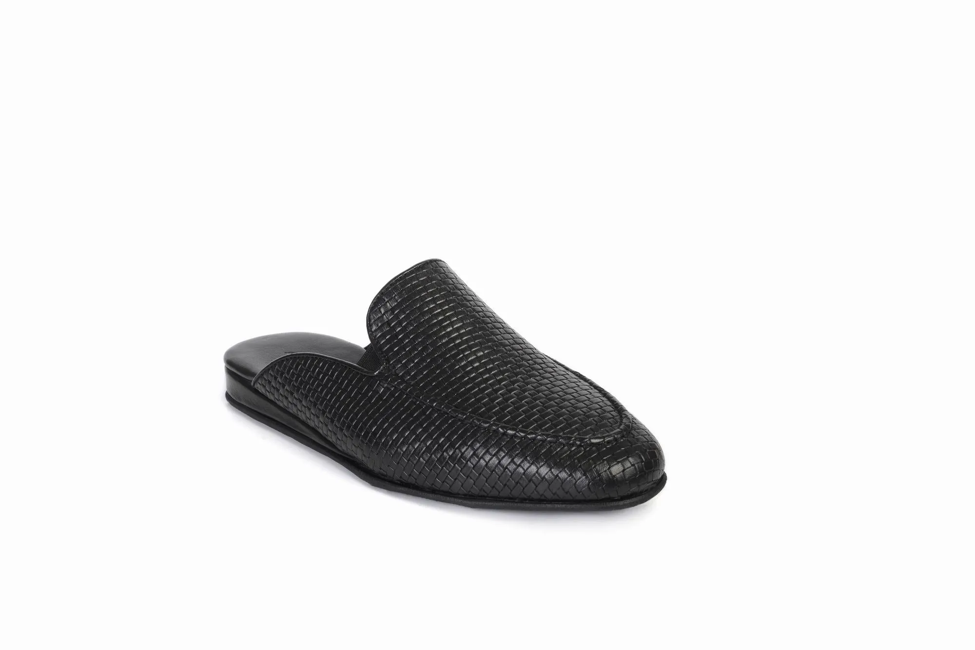FOOT FEDERATION KNIT PATTERN MOC-TOE MEN'S LEATHER SLIPPER BLACK