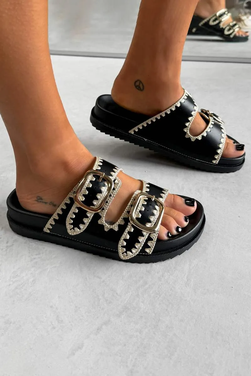GIO Chunky Embroidered Buckle Sandals - Black