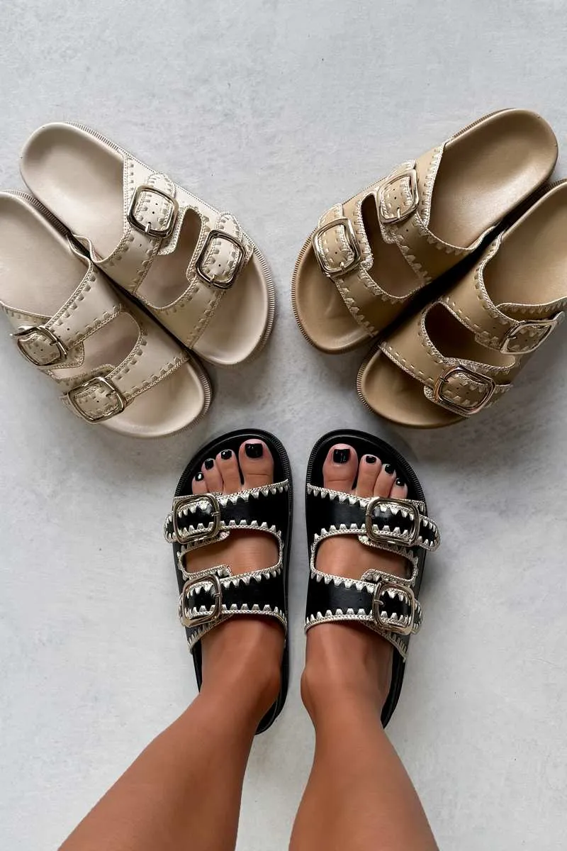 GIO Chunky Embroidered Buckle Sandals - Black
