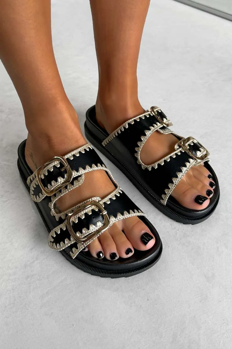 GIO Chunky Embroidered Buckle Sandals - Black