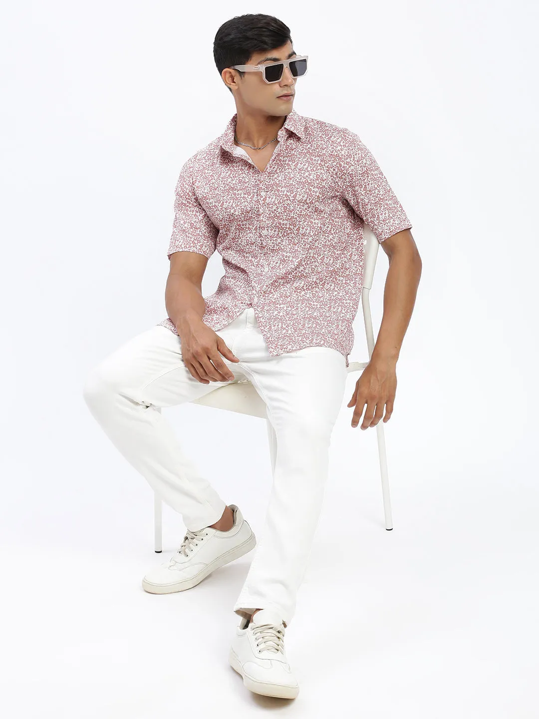 Men Micro Print Brown Slim Fit Shirt
