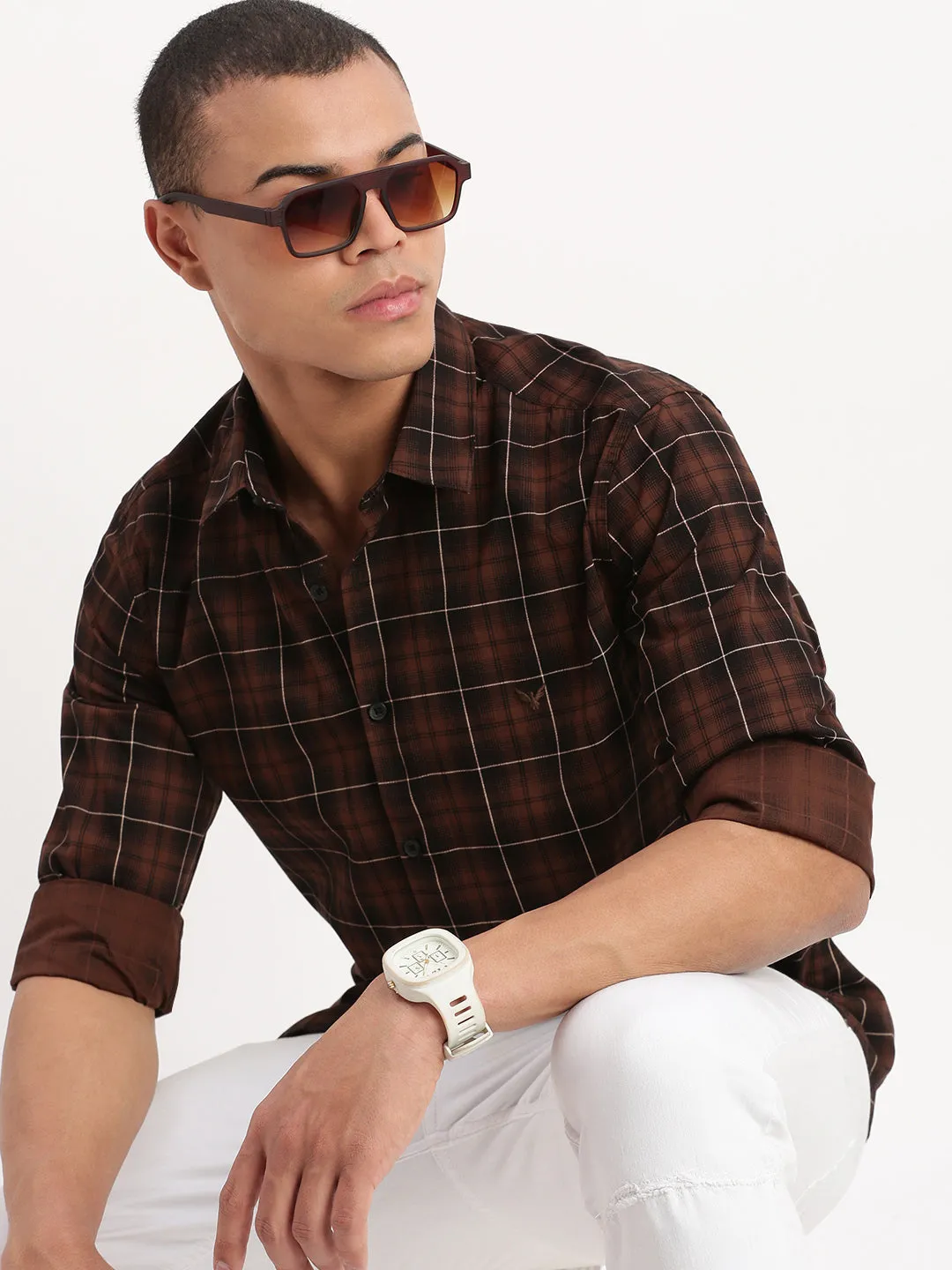 Men Tartan Checks Brown Shirt