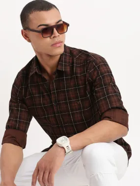 Men Tartan Checks Brown Shirt