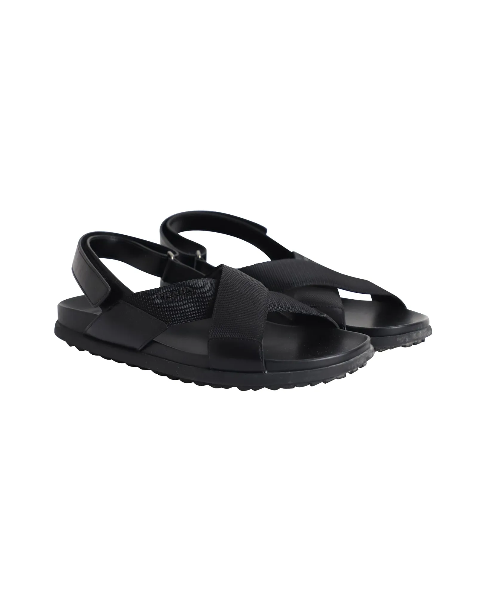 Prada Logo Strap Crisscross Sandals in Black Leather