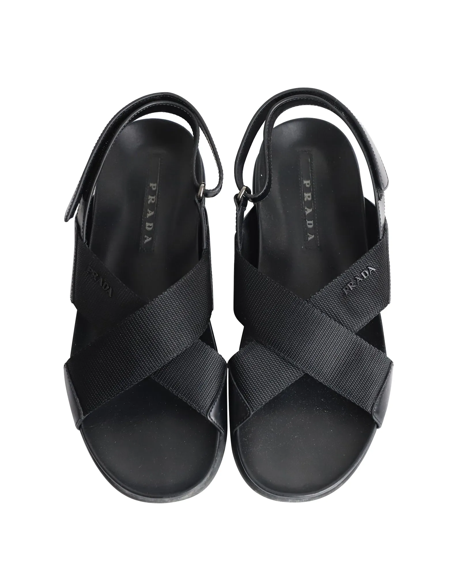 Prada Logo Strap Crisscross Sandals in Black Leather