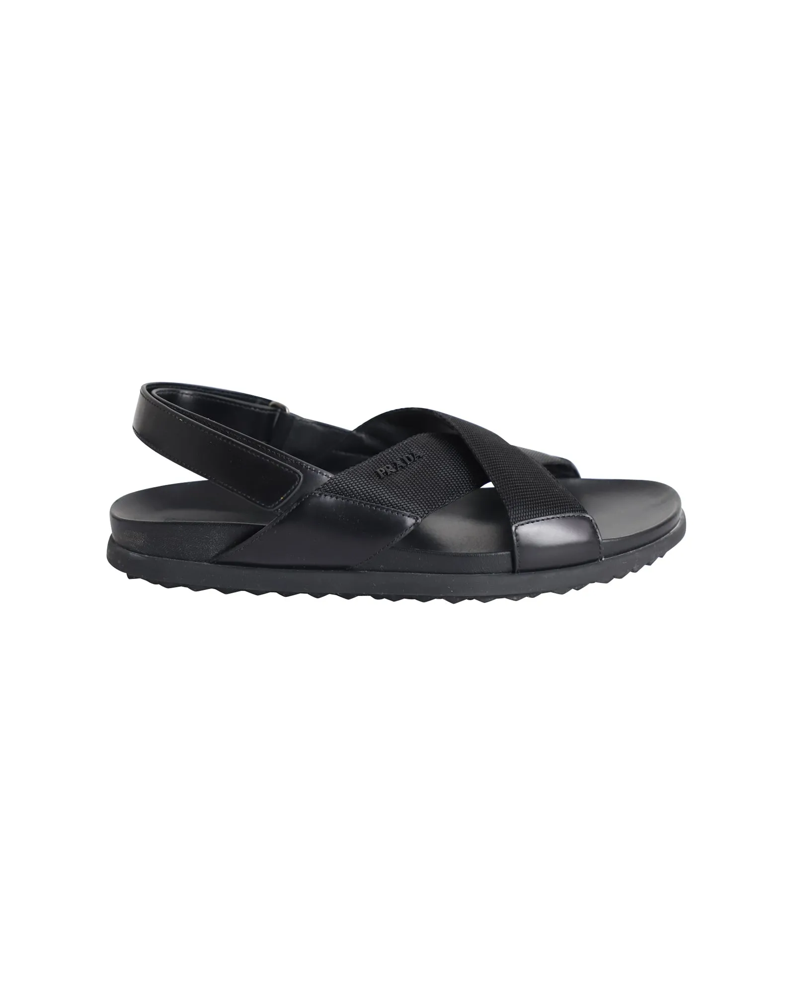 Prada Logo Strap Crisscross Sandals in Black Leather