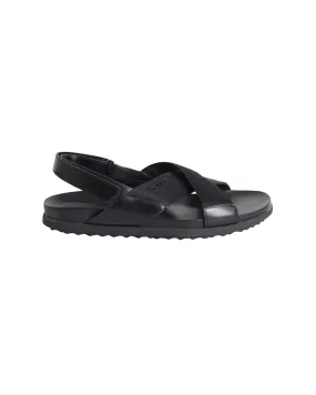 Prada Logo Strap Crisscross Sandals in Black Leather