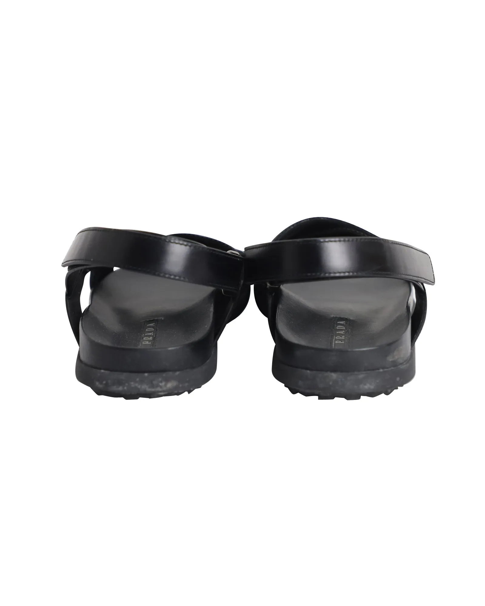 Prada Logo Strap Crisscross Sandals in Black Leather