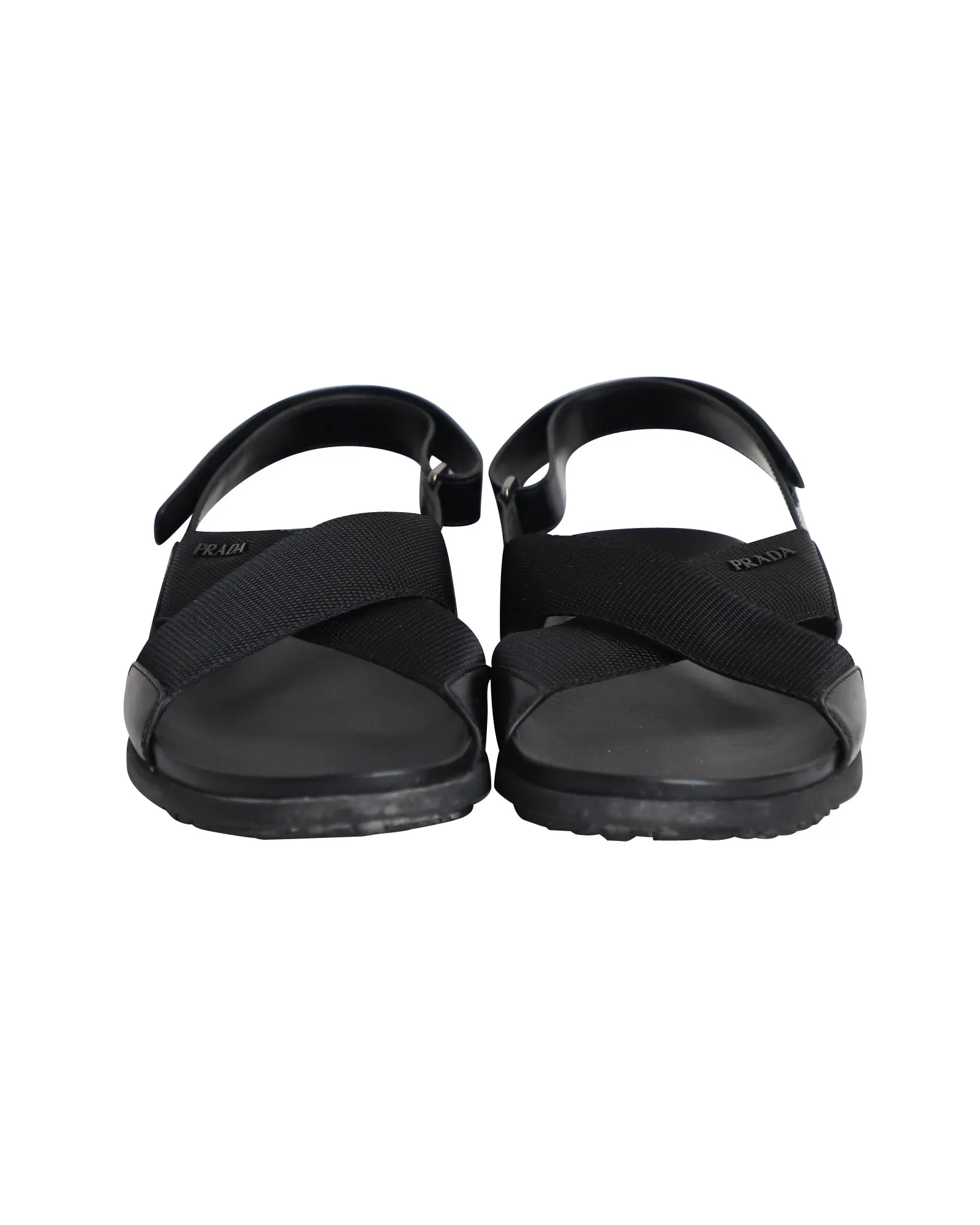 Prada Logo Strap Crisscross Sandals in Black Leather