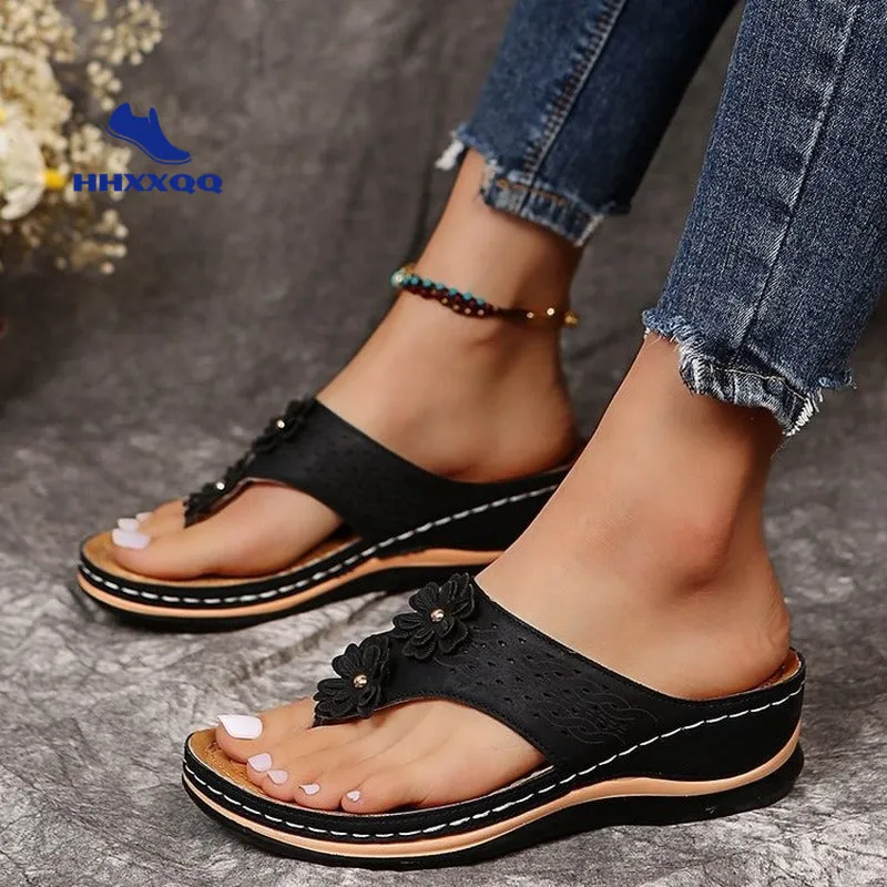 Sandals with Arch Support Anti-Slip wedges Sandal Vintage flower Flip Flop slippers comfortable Casual Wedge Sandals Shoes