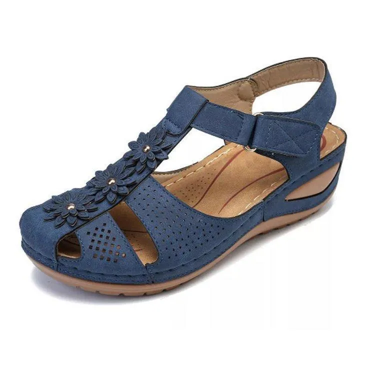 Women flower closed toe buckle strap wedge sandals