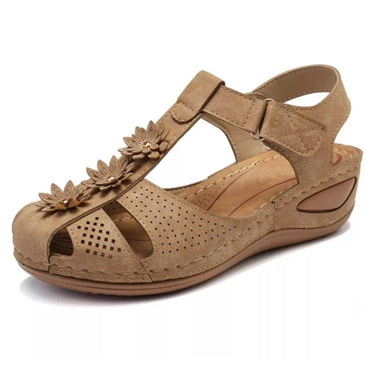 Women flower closed toe buckle strap wedge sandals