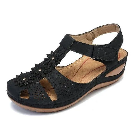 Women flower closed toe buckle strap wedge sandals