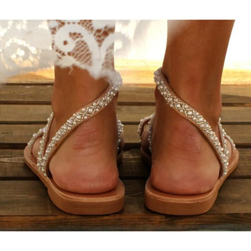 Women's pearl décor flat wedding sandals boho beach sandals