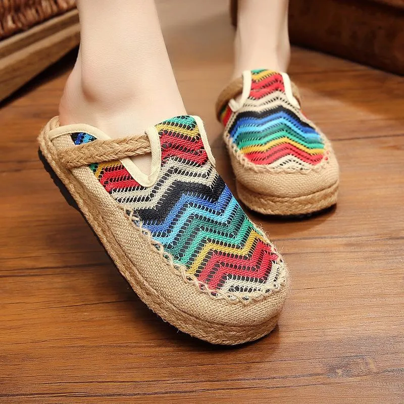 Women's woven vintage ethnic embroidery closed toe slip on sandals