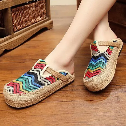 Women's woven vintage ethnic embroidery closed toe slip on sandals