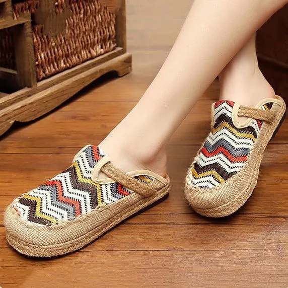 Women's woven vintage ethnic embroidery closed toe slip on sandals