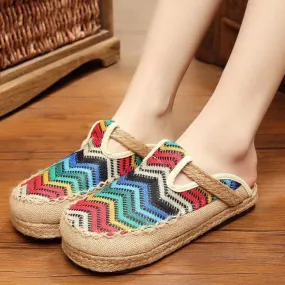 Women's woven vintage ethnic embroidery closed toe slip on sandals
