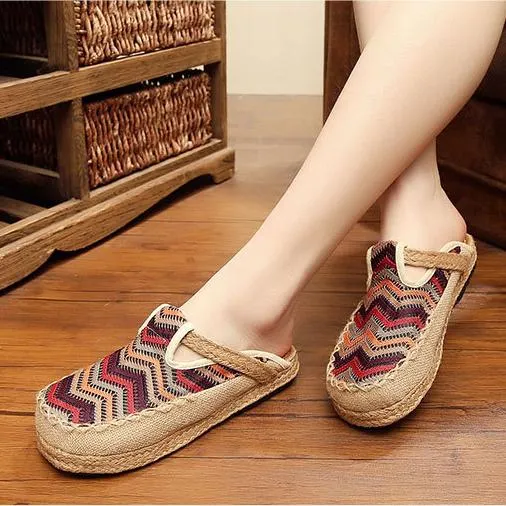 Women's woven vintage ethnic embroidery closed toe slip on sandals