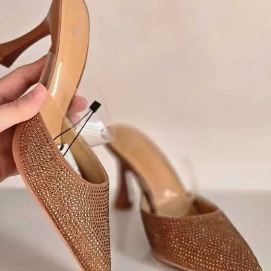 ZARA TRANSPARENT STRAP STONE HEEL - GOLD